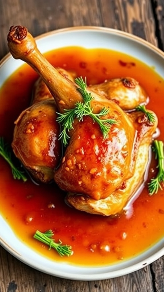 Fennel and orange braised turkey leg quarters garnished with fennel fronds on a rustic wooden table.